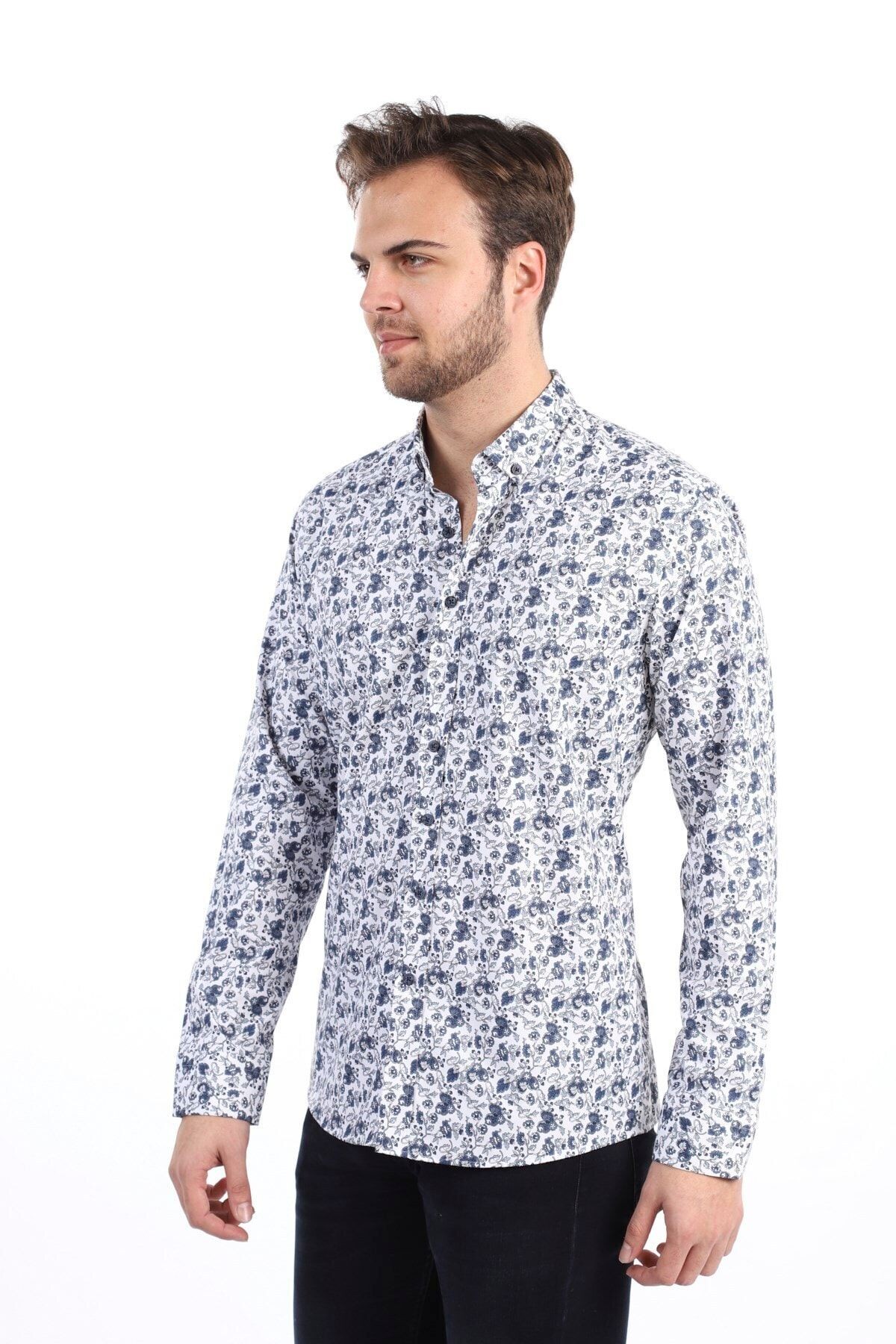 Baskılı Beyaz Slim Fit Likralı Gömlek