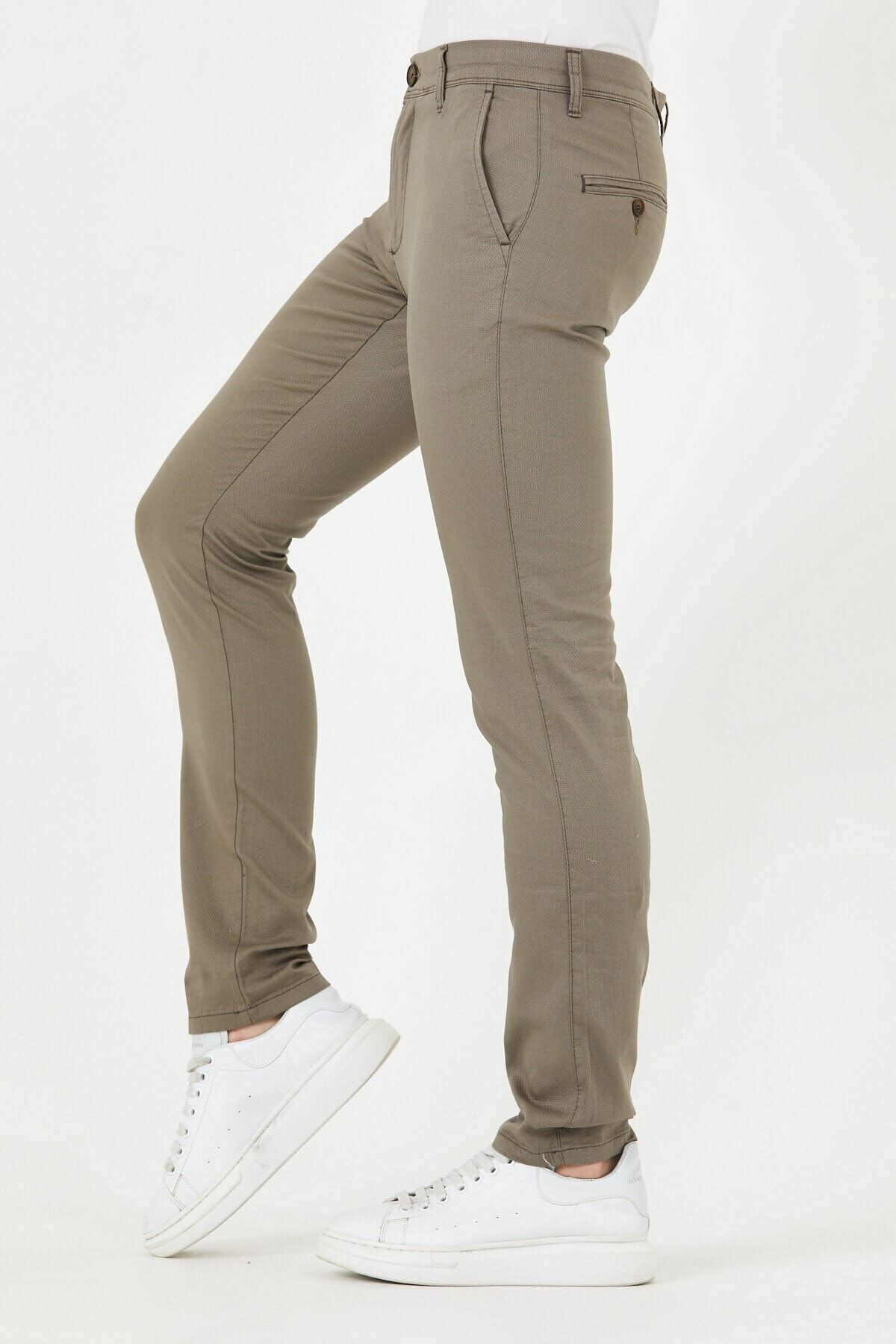 Camel Chıno Yan Cepli Mikro Desen Keten Regular Fit Pantolon