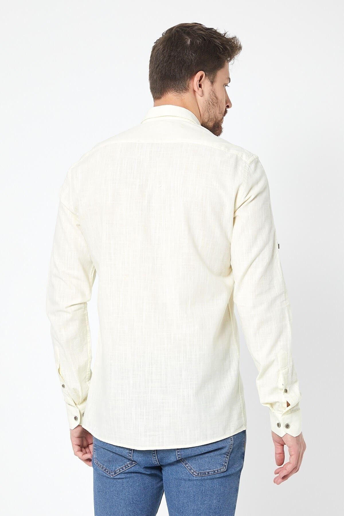 Keten Sarı Slim Fit Uzun Kol Gömlek