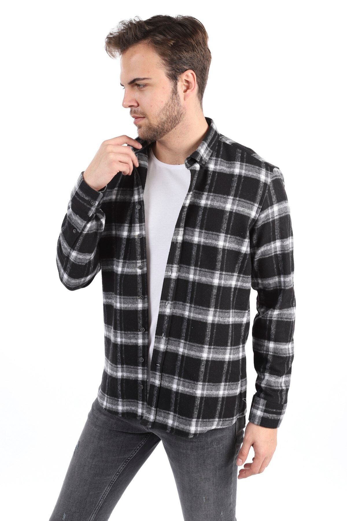 Siyah Slim Fit Oduncu Gömlek