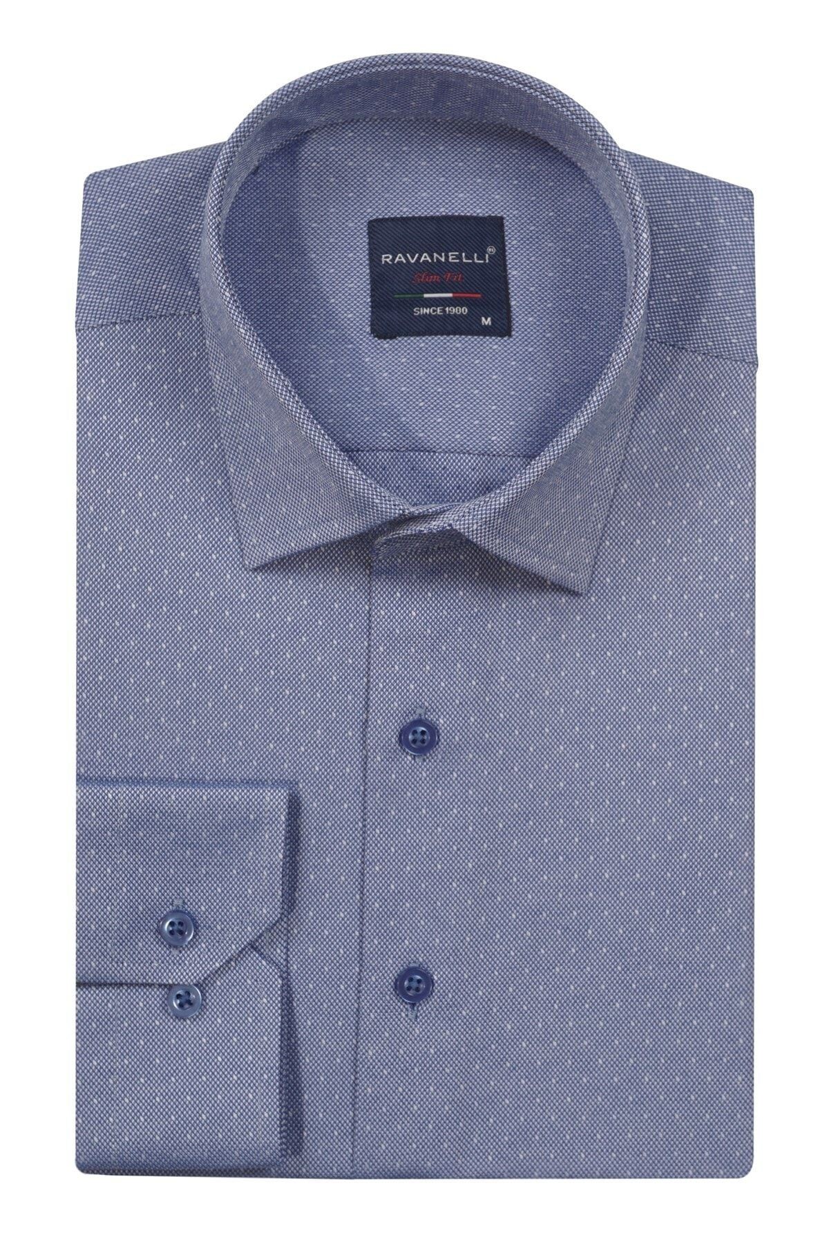 Erkek Mavi Slim Fit Armürlü Gömlek