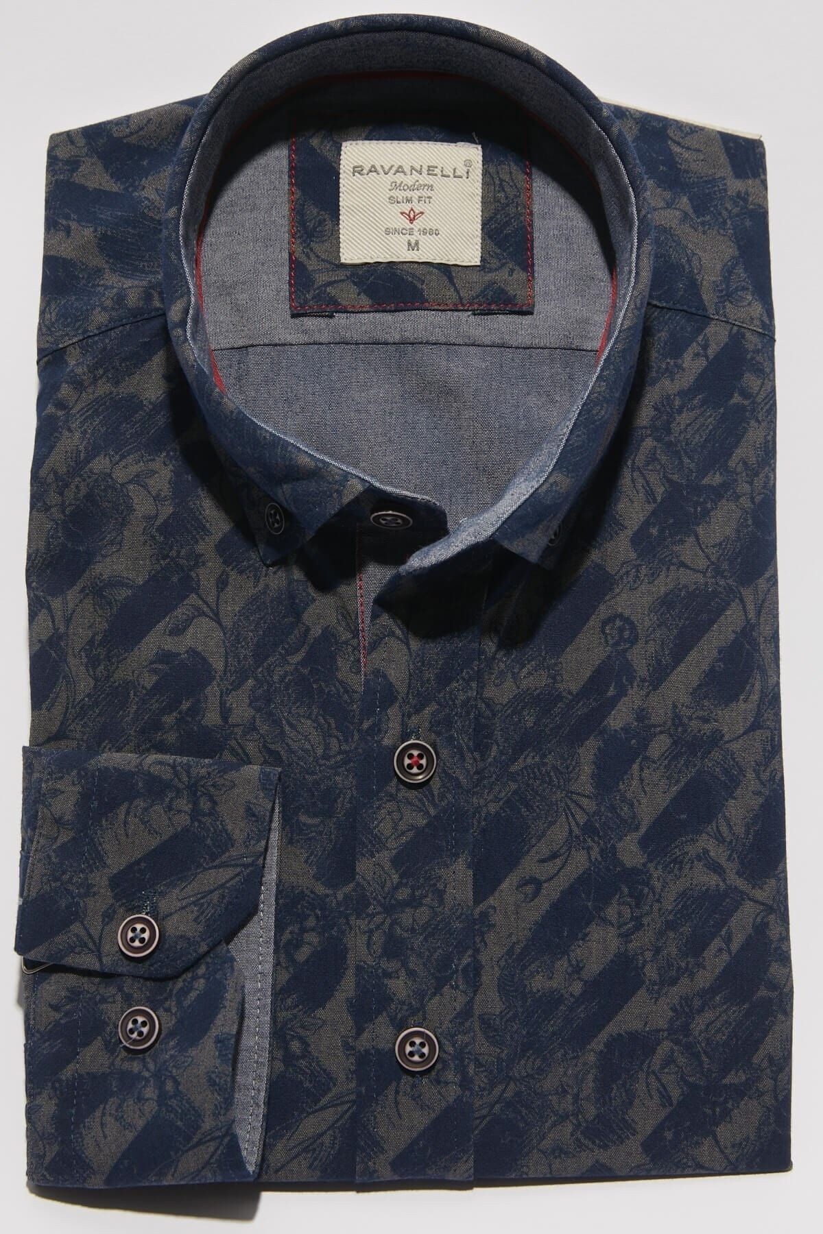 Baskılı Hardal Slim Fit Uzun Kol Gömlek