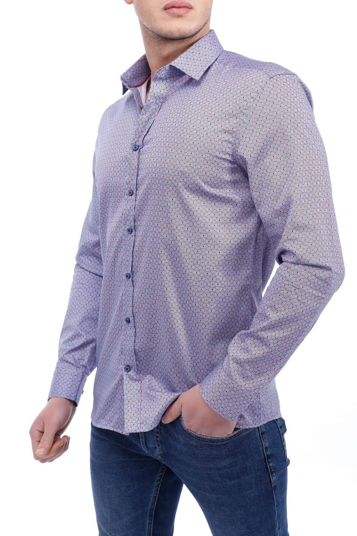 Baskılı Mavi Slim Fit Gömlek