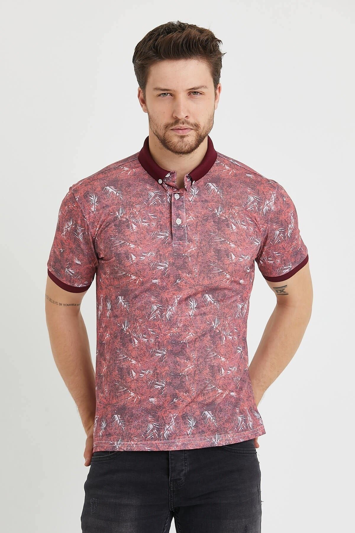 Polo Yaka Düğmeli Baskılı Bordo Slim Fit Tişört