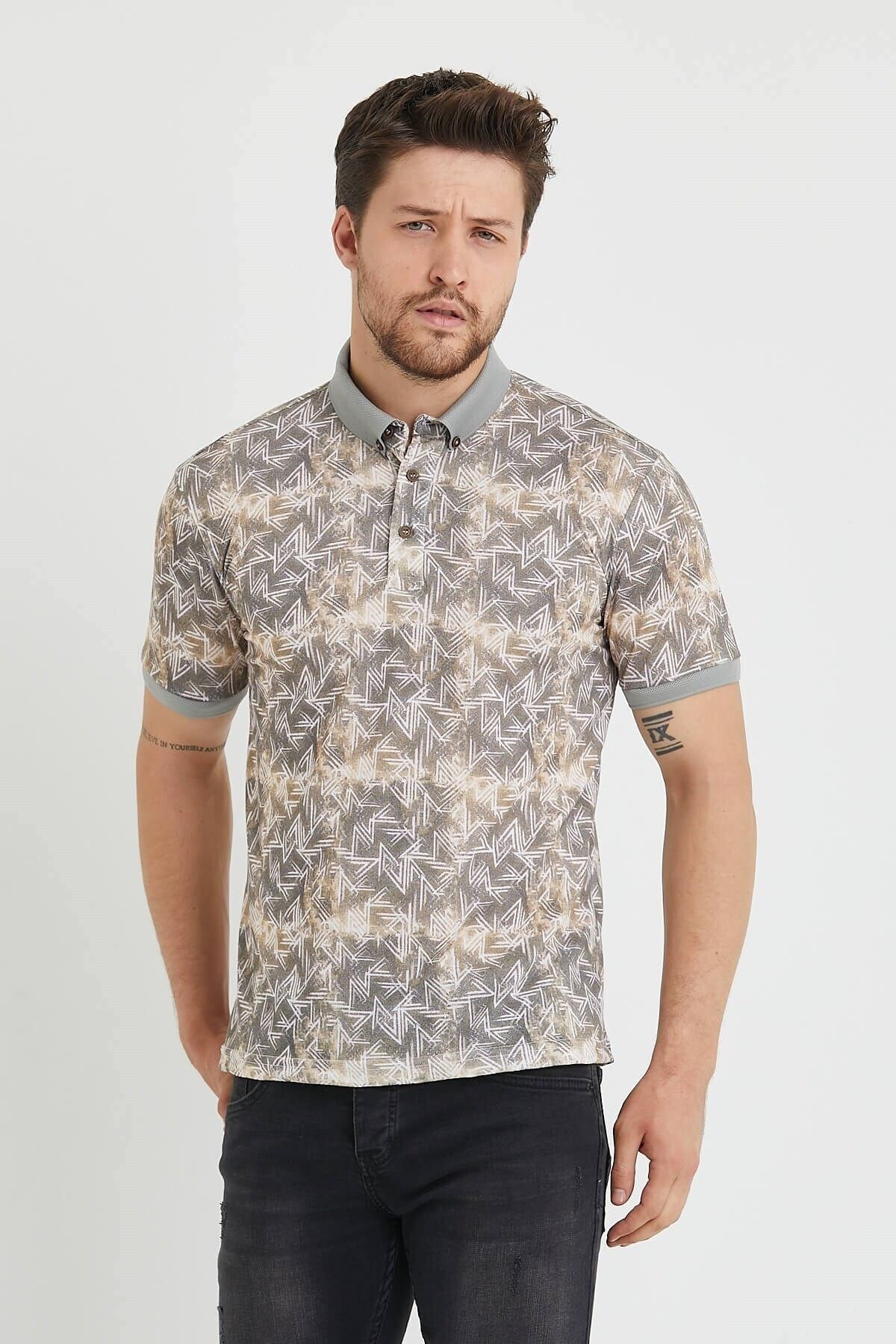 Polo Yaka Düğmeli Baskılı Bej Slim Fit Tişört