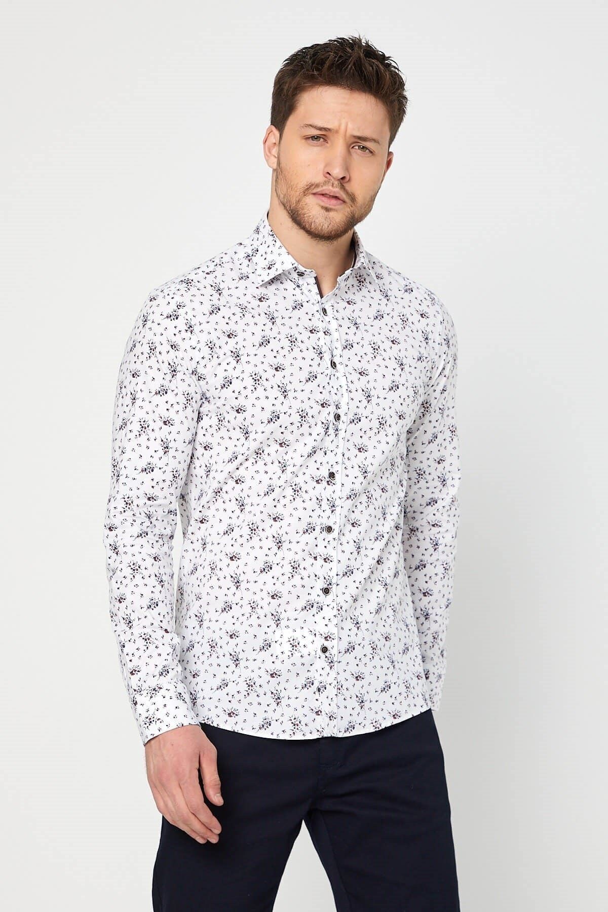 Lacivert Baskılı Beyaz Slim Fit Uzun Kol Gömlek
