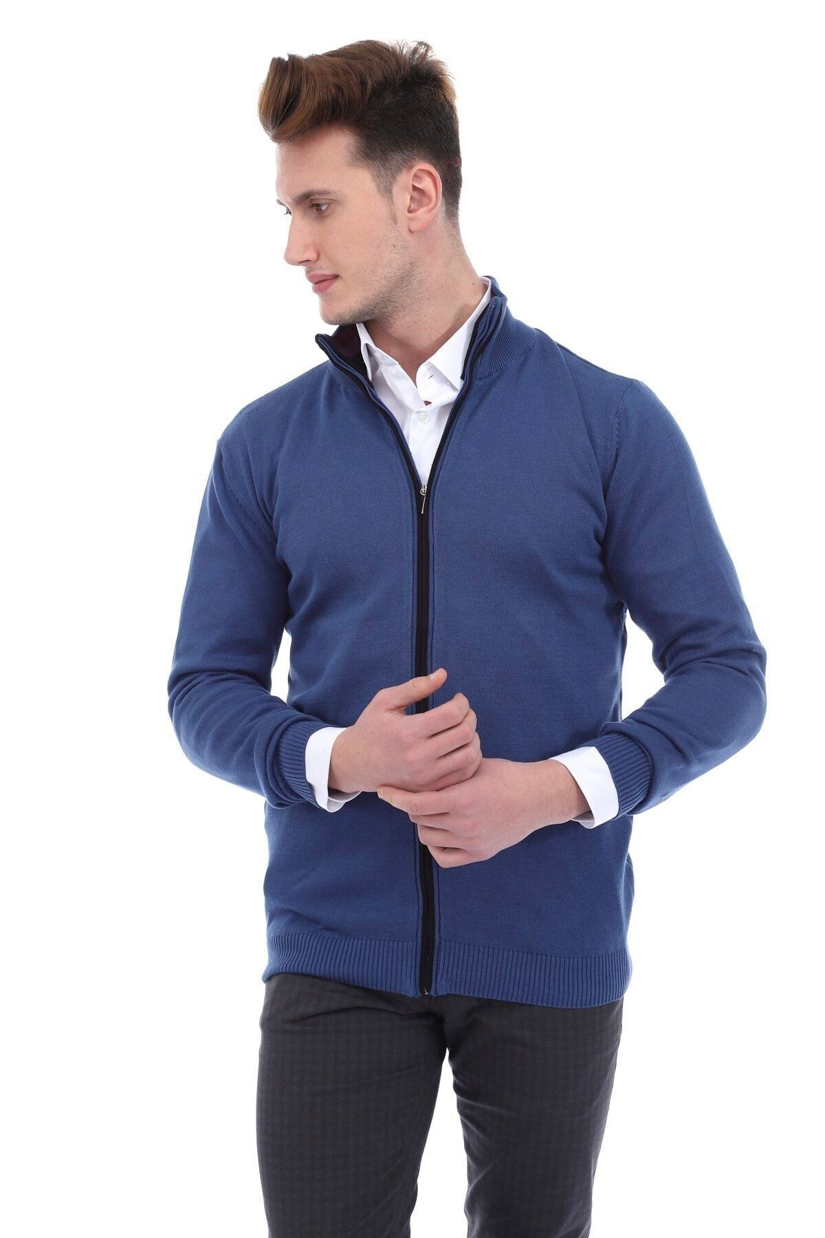 Mavi Slimfit Fermuarlı Hırka
