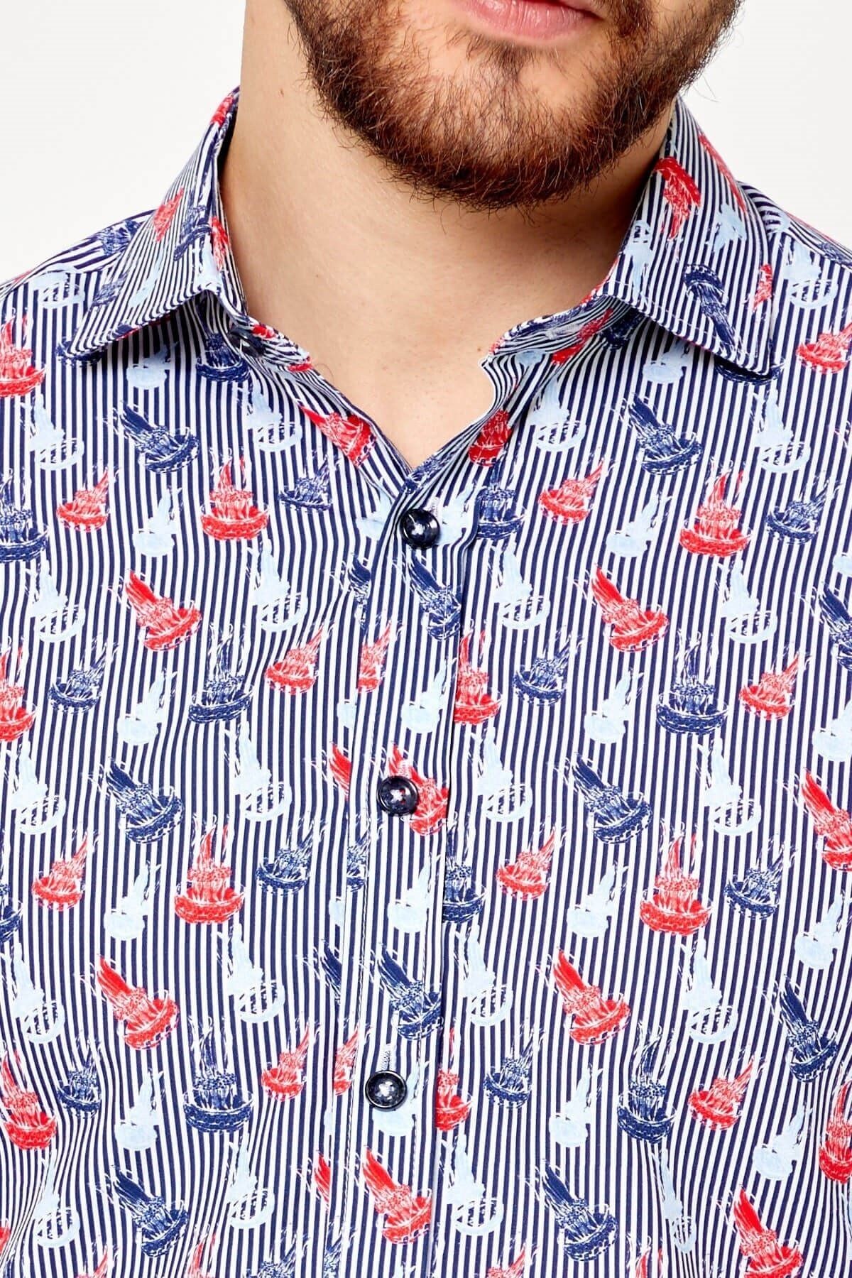 %100 Pamuk Çizgi Baskılı Slim Fit Uzun Kol Gömlek