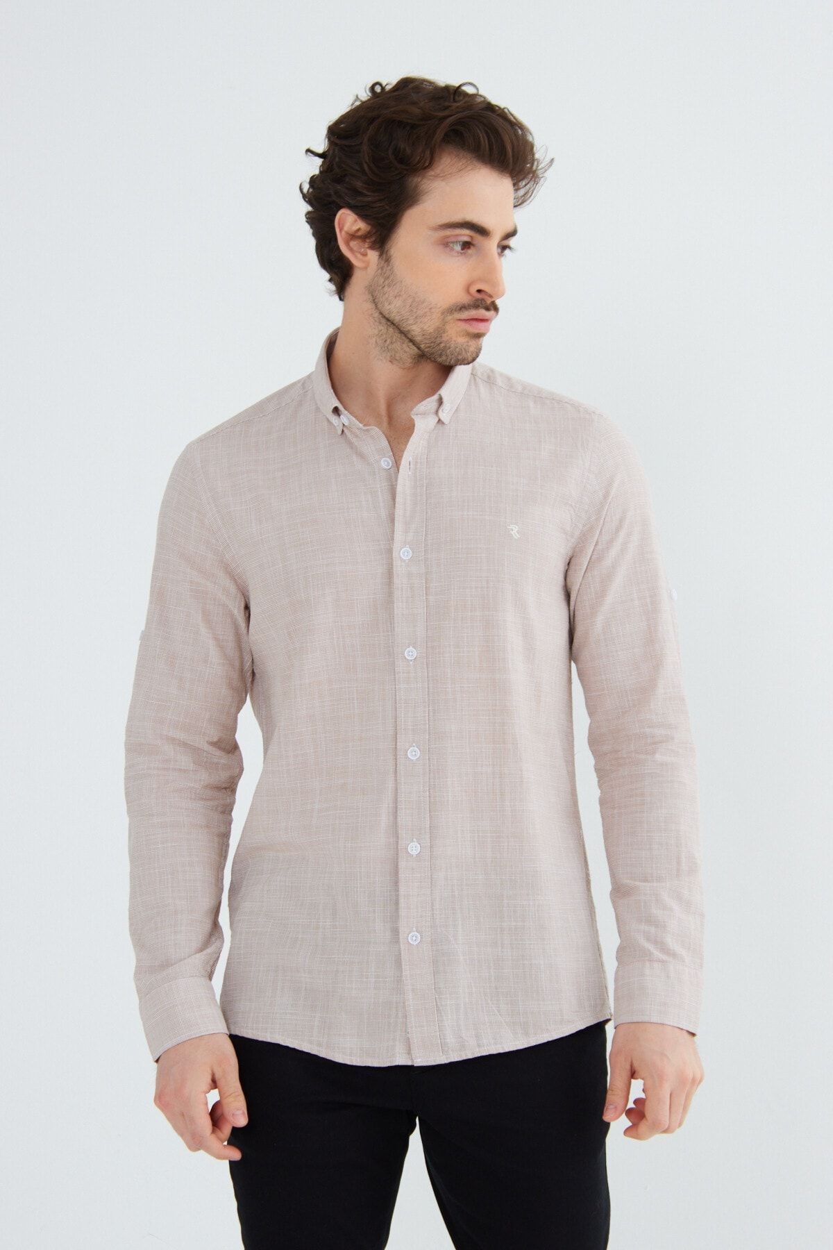 Beige Slimfit Hediye Kutulu Keten Yaka Düğmeli Uzun Kol Erkek Gömlek G318