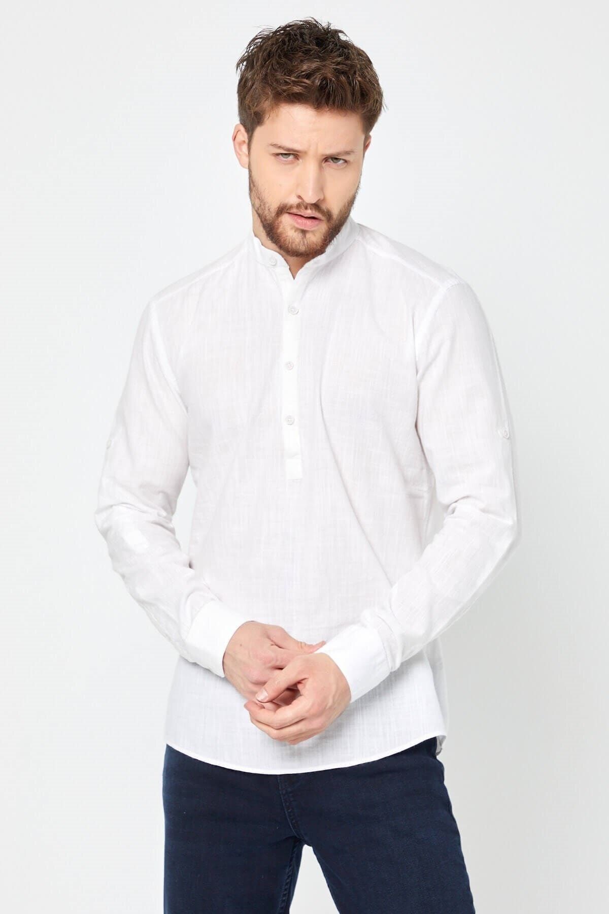 Keten Hakim Yaka Yarım Pat Beyaz Slim Fit Uzun Kol Gömlek