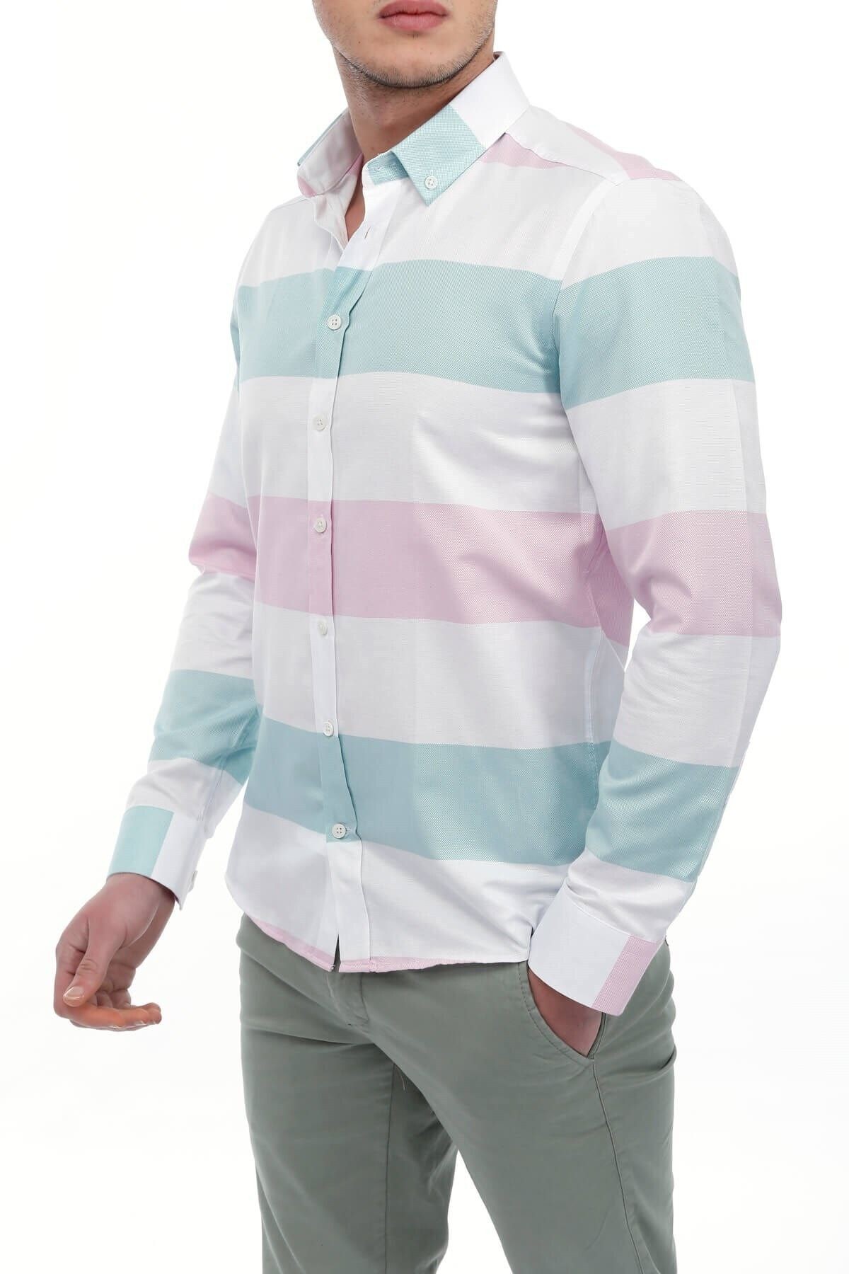 Pembe Beyaz Panolo Slim Fit Gömlek