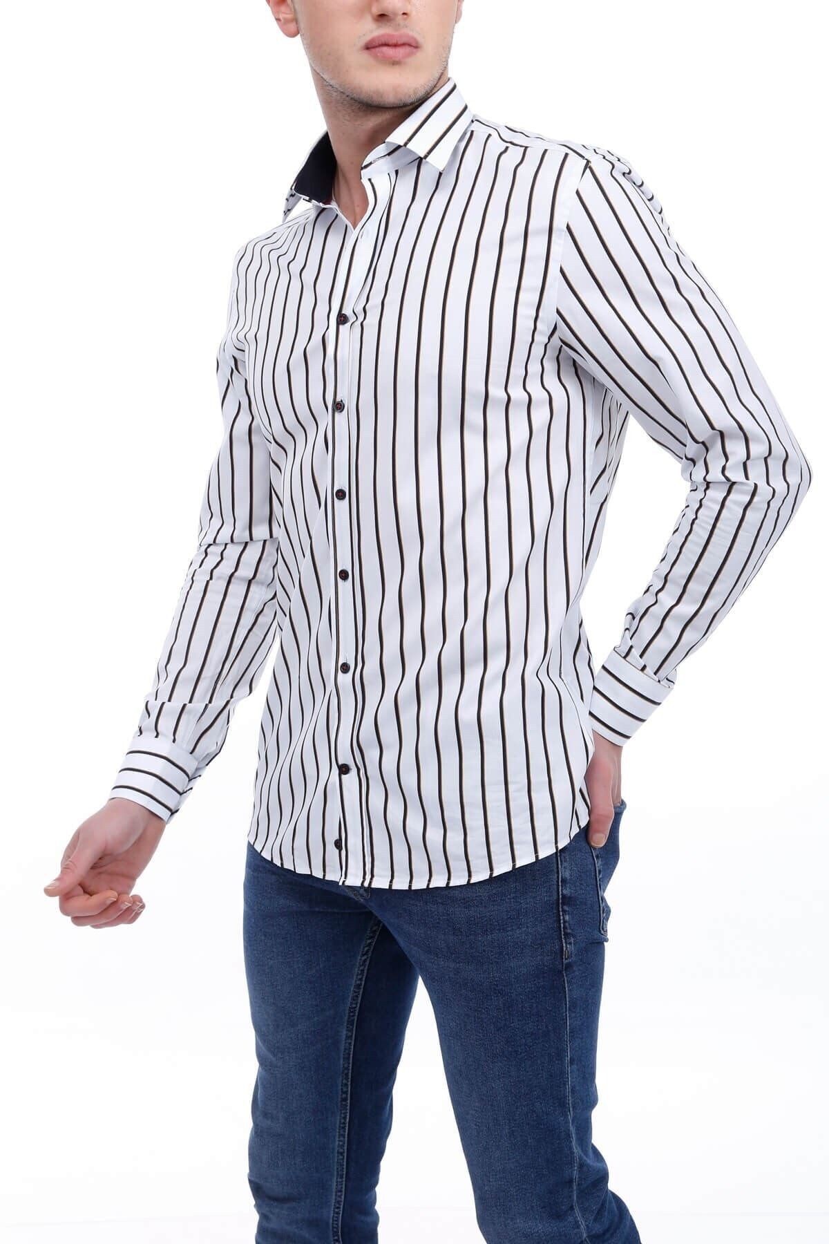 Çizgi Baskılı Beyaz Slim Fit Gömlek