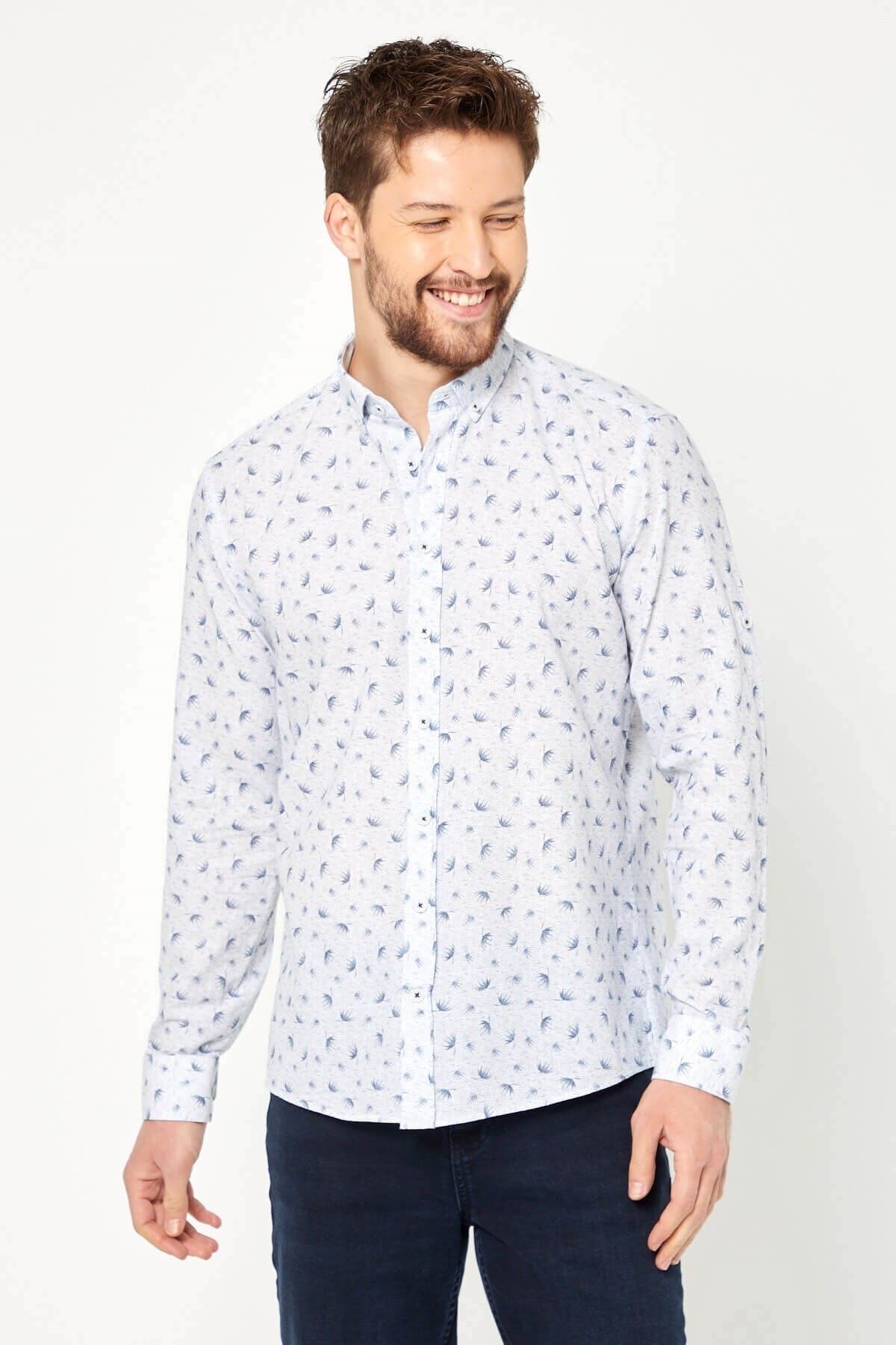 %100 Pamuk Keten Lacivert Baskılı Slim Fit Uzun Kol Keten Gömlek