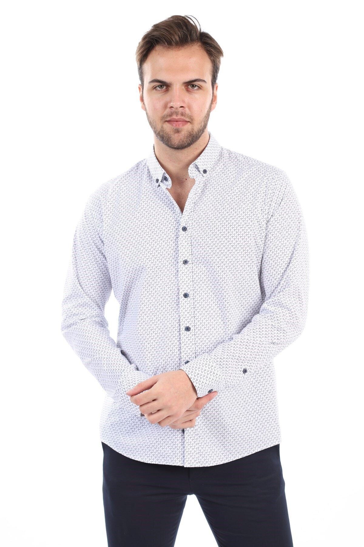Baskılı Beyaz Slim Fit Likralı Gömlek