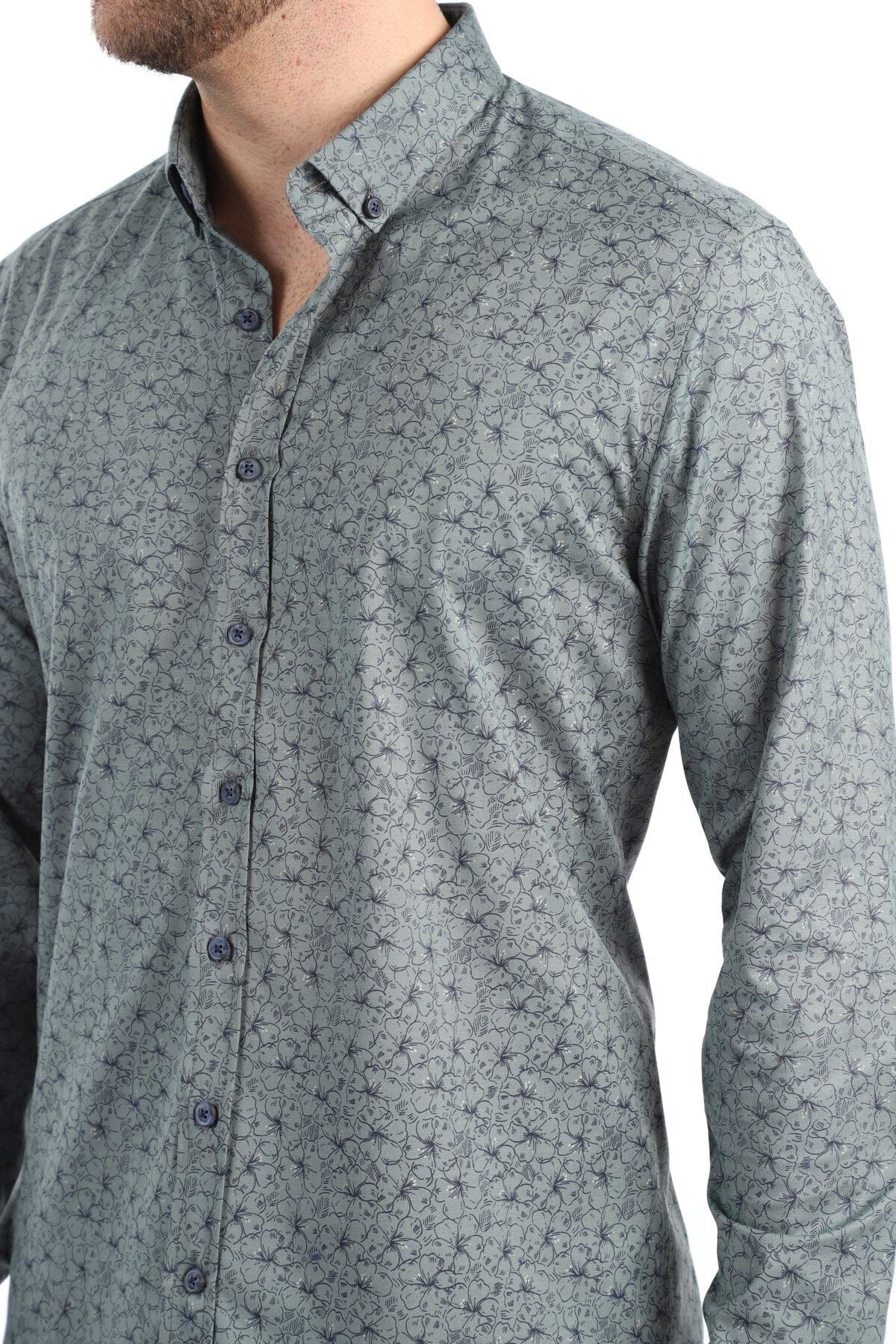 Baskılı Yeşil Slim Fit Likralı Gömlek