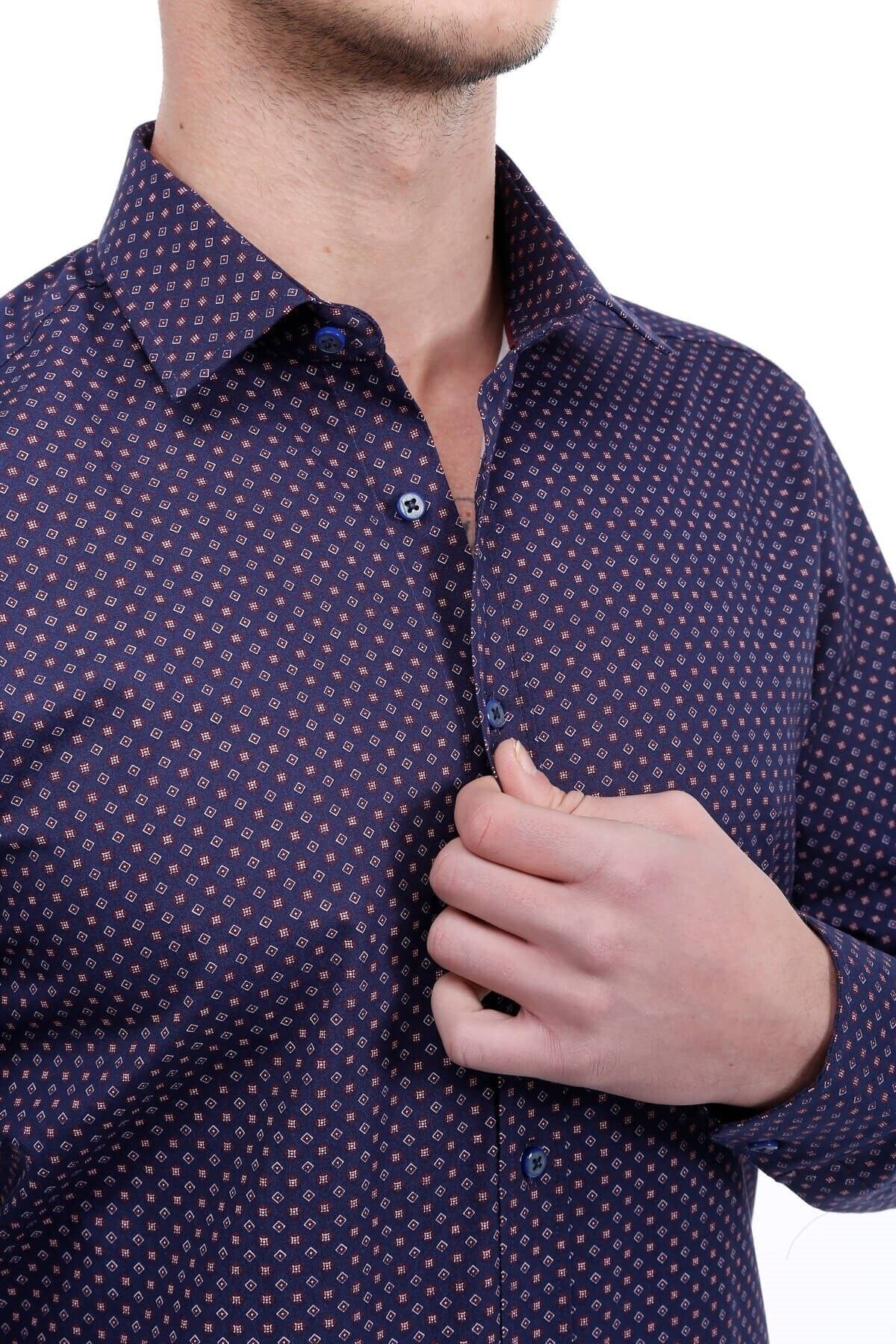 Baskılı Lacivert Slim Fit Gömlek