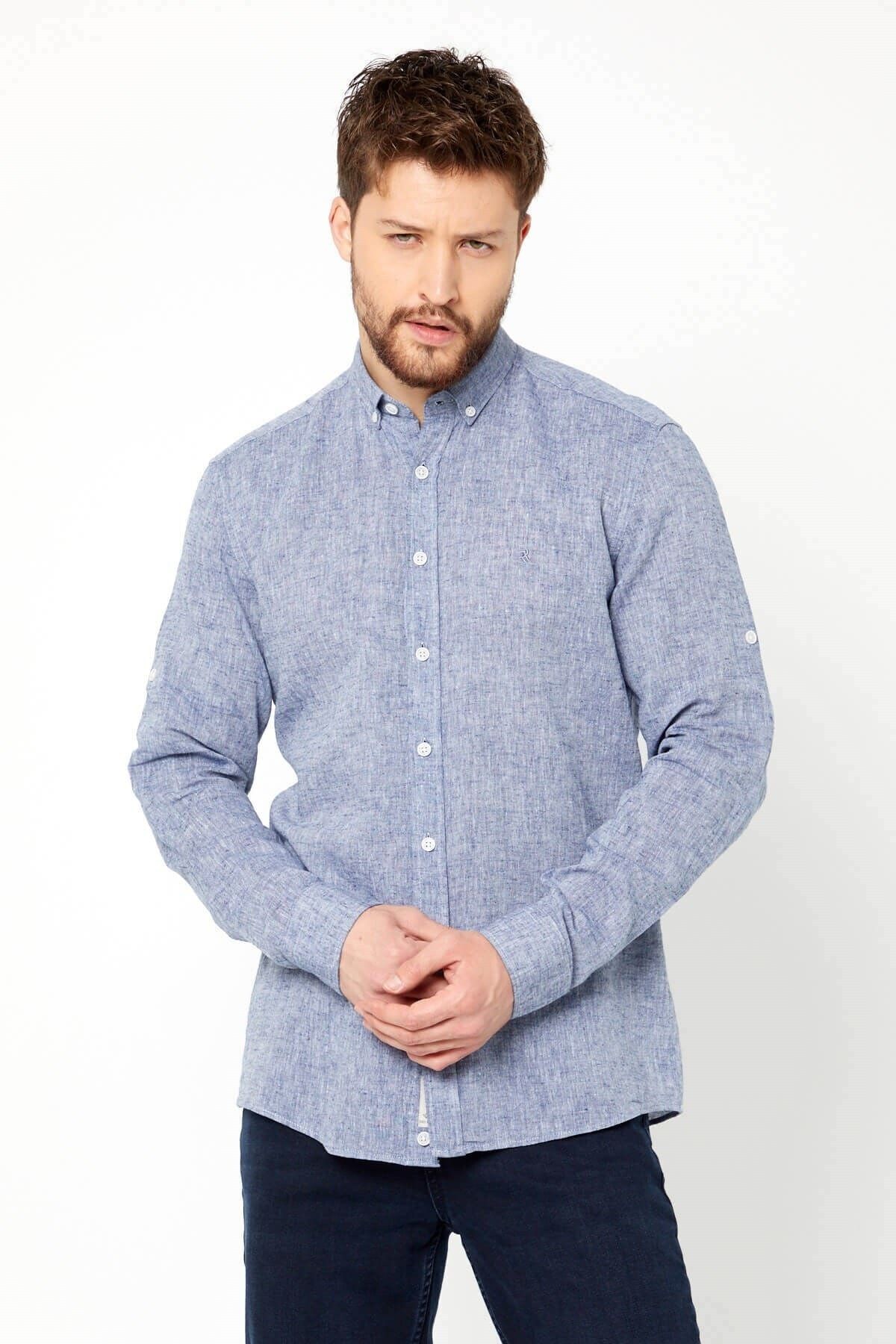 Lacivert Slim Fit Uzun Kol Keten Gömlek