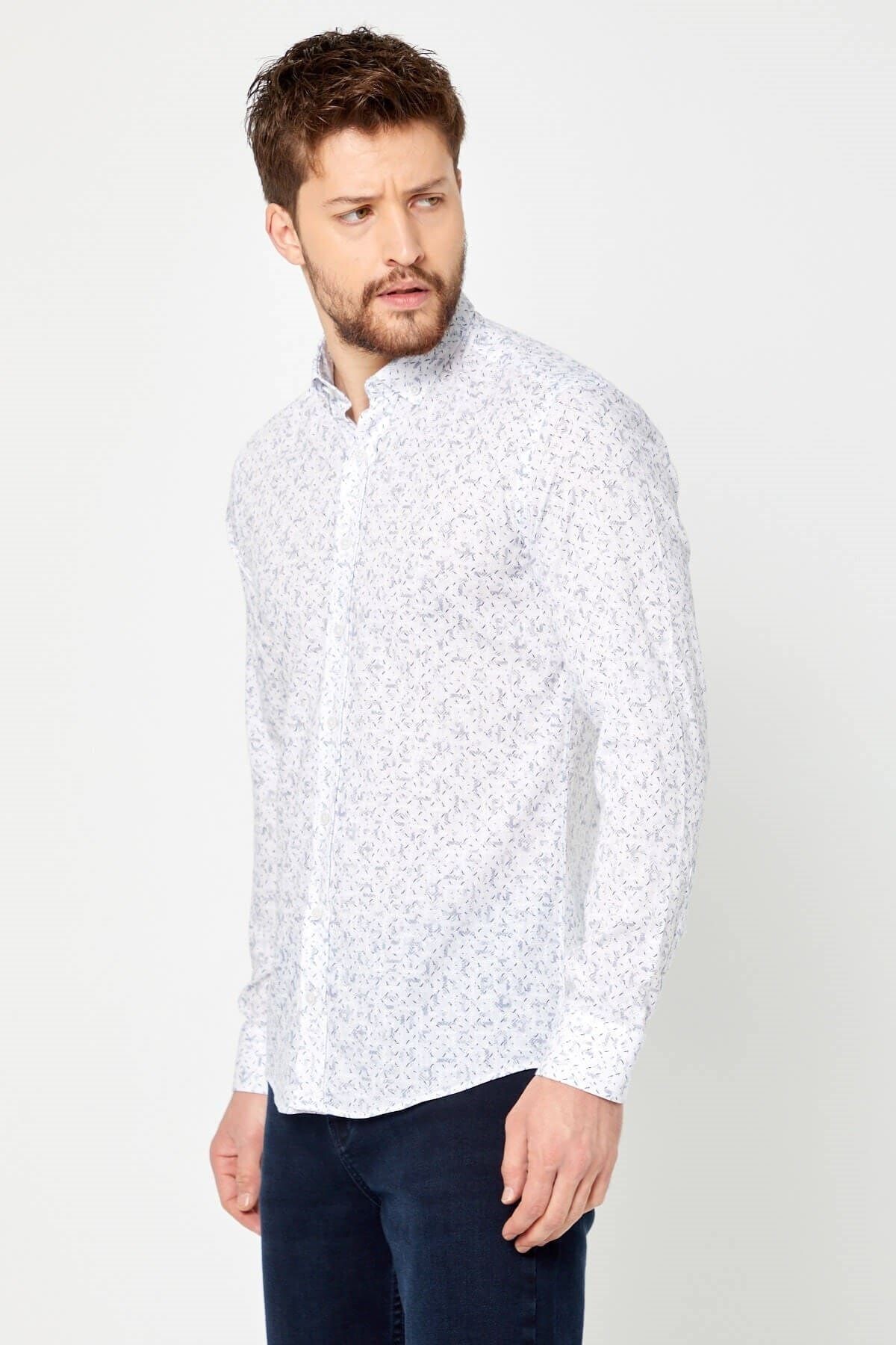 Pamuk Keten Baskılı Beyaz Slim Fit Uzun Kol Gömlek
