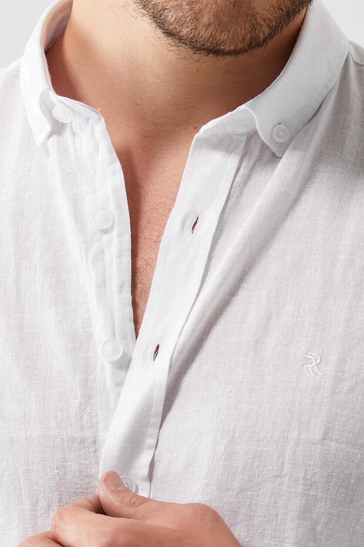 Beyaz Slim Fit Uzun Kol Keten Gömlek