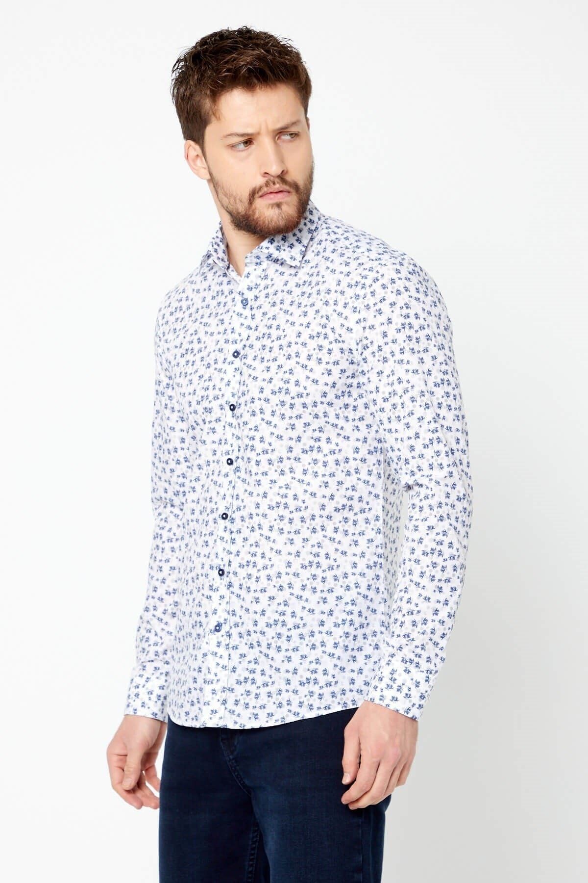 Lacivert Baskılı Beyaz Slim Fit Uzun Kol Gömlek
