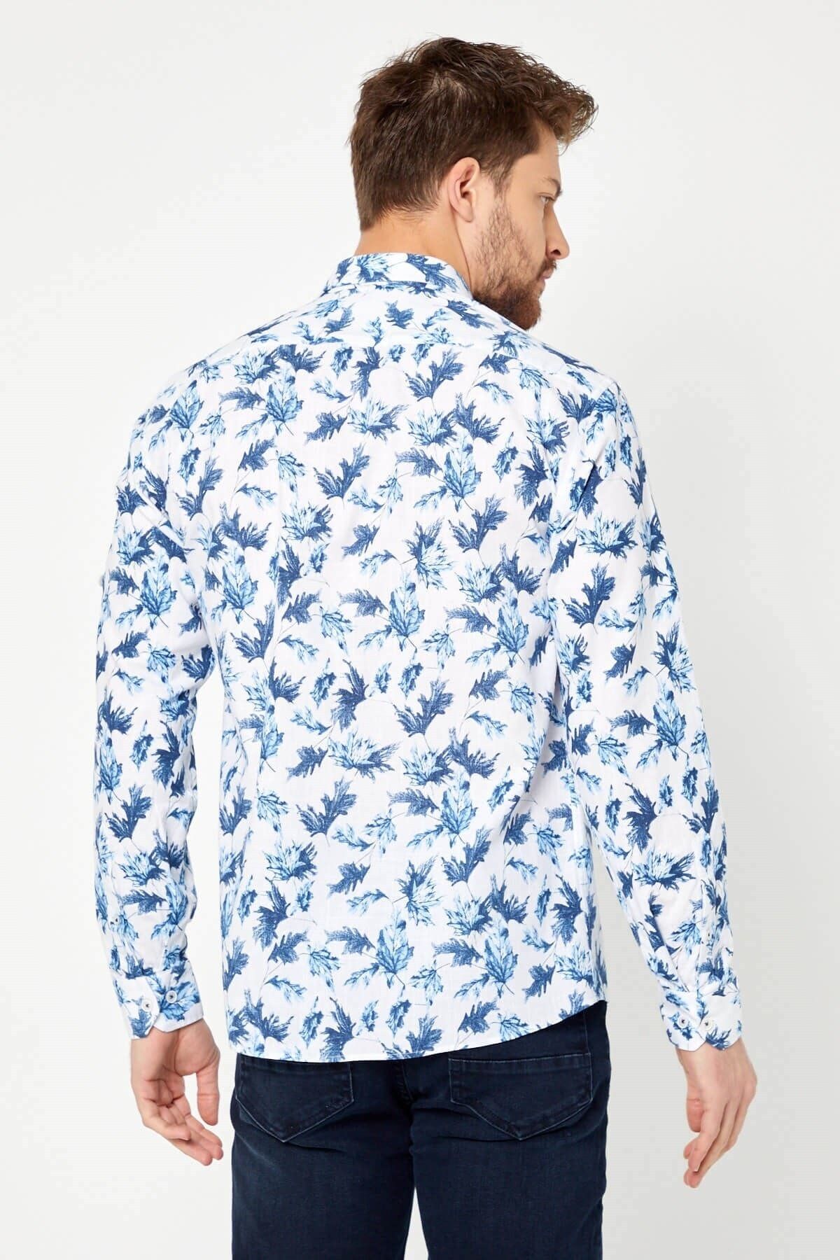%100 Pamuk Keten Mavi Baskılı Slim Fit Uzun Kol Keten Gömlek