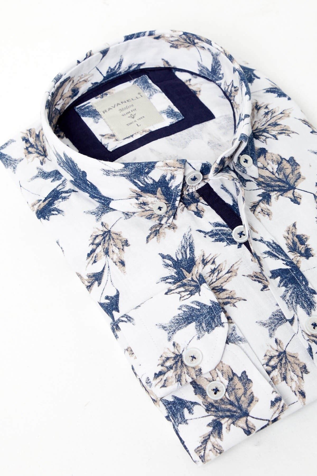 %100 Pamuk Keten Kahverengi Baskılı Slim Fit Uzun Kol Keten Gömlek