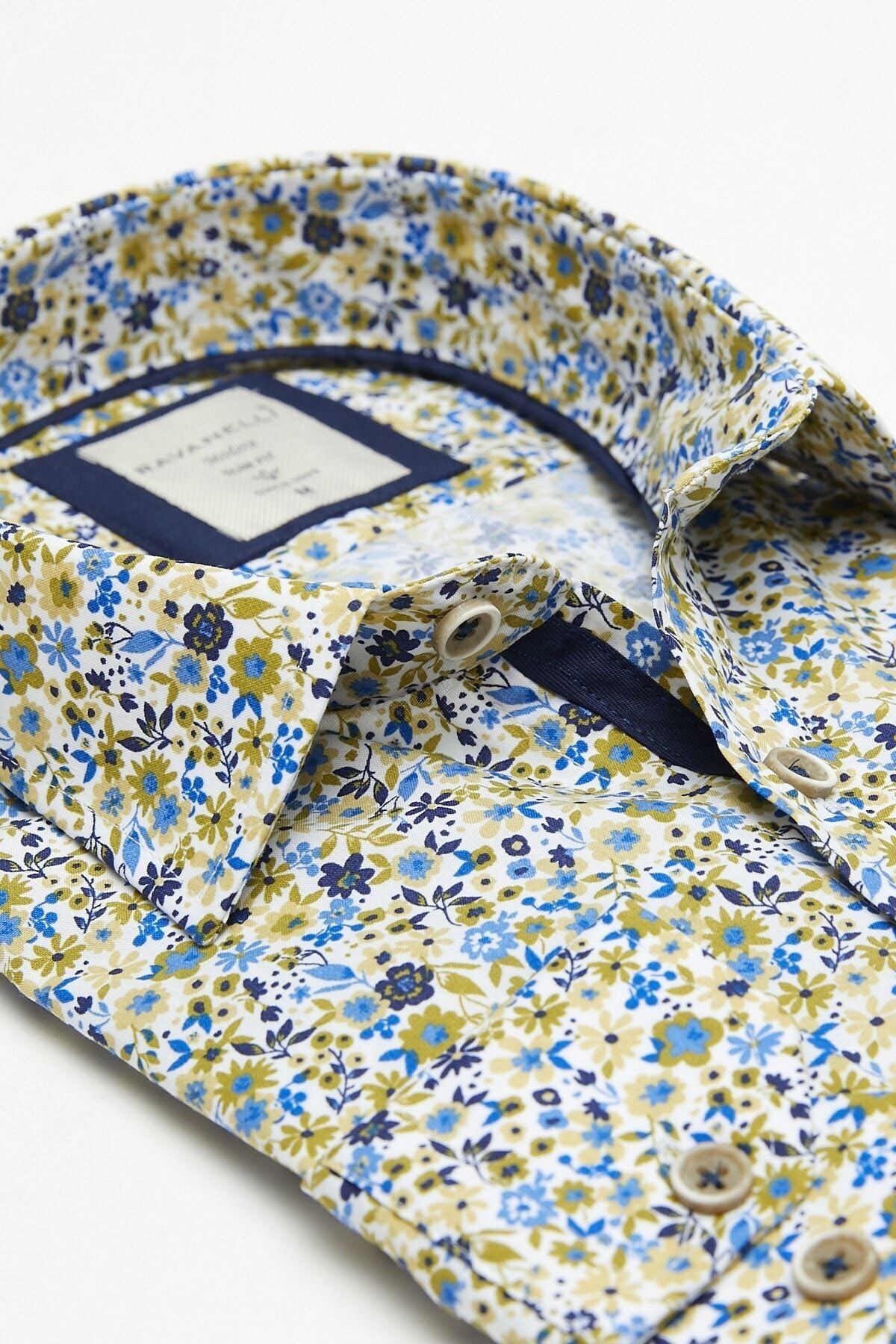 Yeşil Çiçek Baskılı Slim Fit Uzun Kol Gömlek