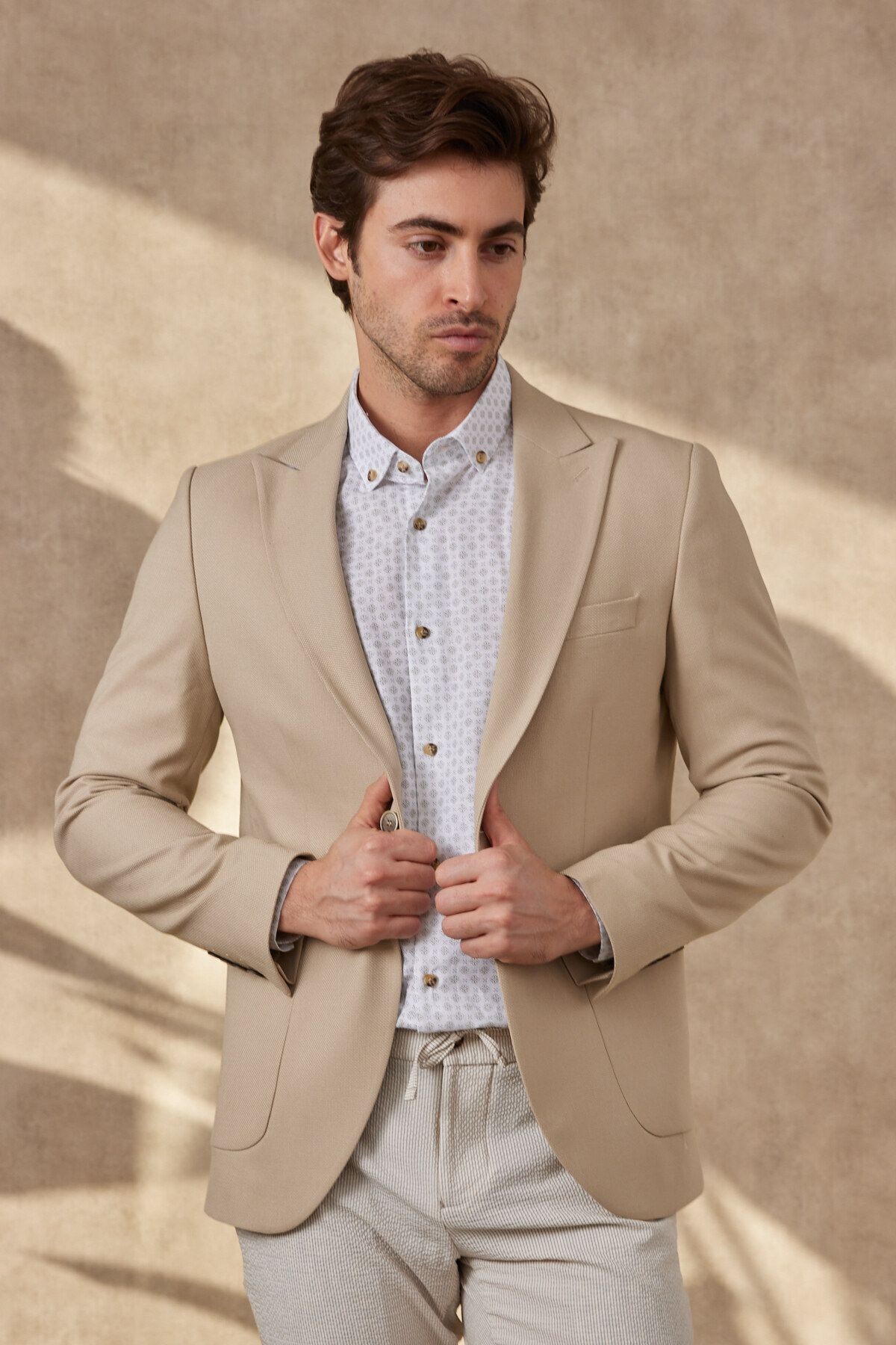 Erkek Baskılı Pamuk Keten Modern Slim Fit Gömlek