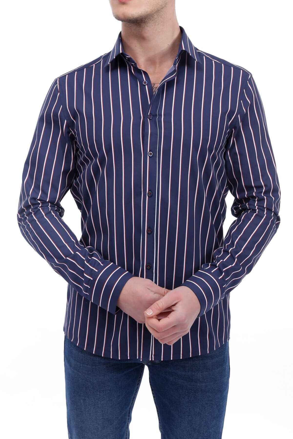 Çizgi Baskılı Lacivert Slim Fit Gömlek