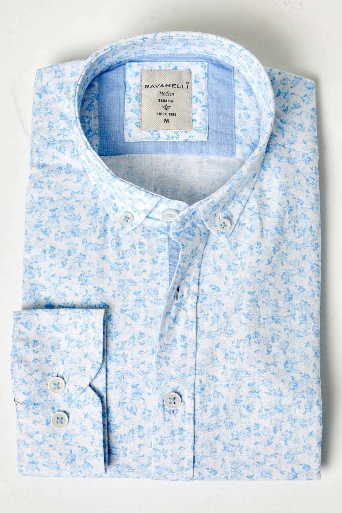 %100 Pamuk Keten Mavi Baskılı Slim Fit Uzun Kol Keten Gömlek