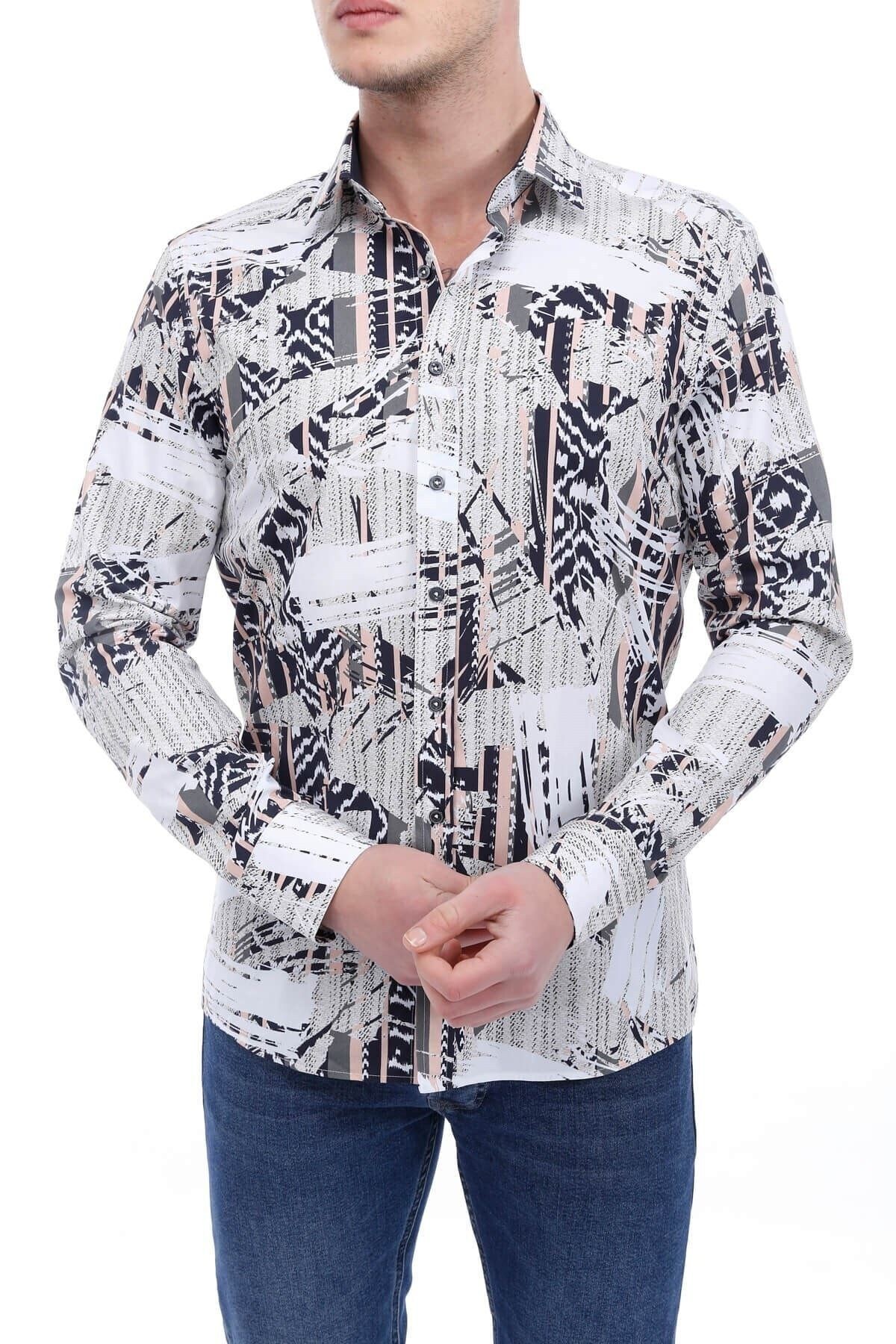 Baskılı Krem Slim Fit Gömlek