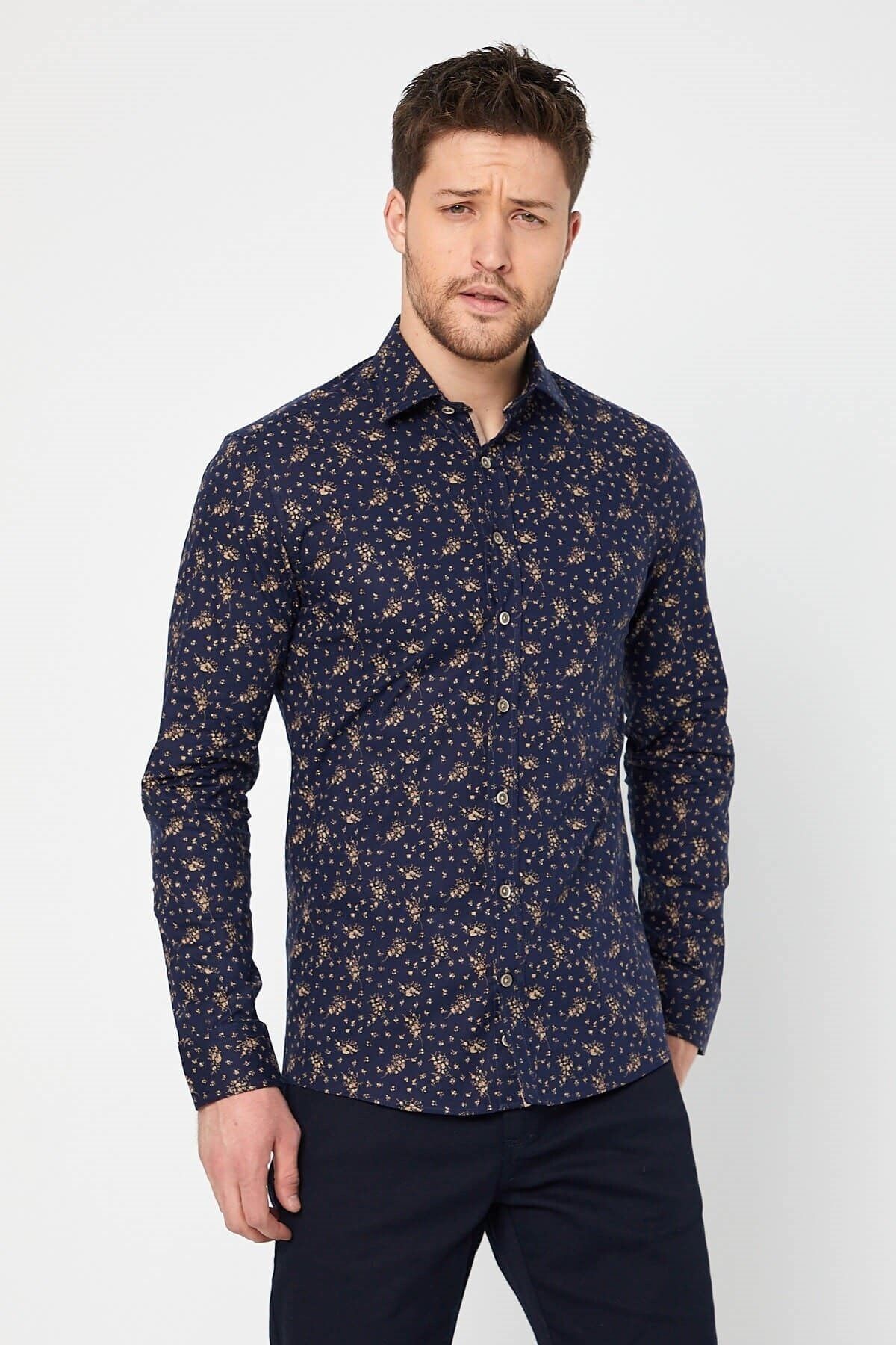 Baskılı Lacivert Slim Fit Uzun Kol Gömlek
