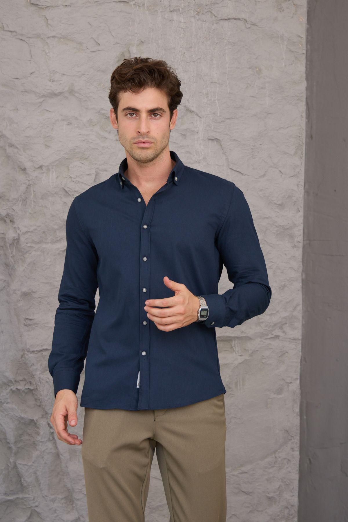 Erkek Gömlek Pamuklu Fitilli Kadife Düğmeli Yaka Modern Slim Fit Dar Kesim