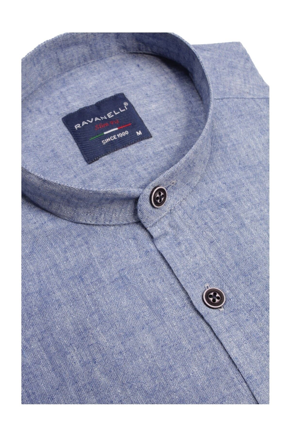 Erkek Mavi Slim Fit Keten Apoletli Gömlek