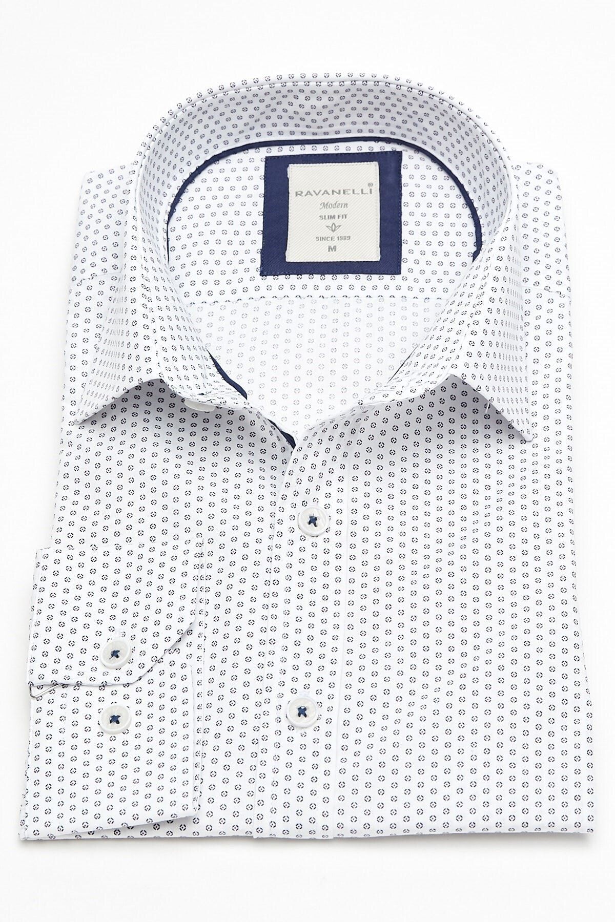 Lacivert Baskılı Beyaz Slim Fit Uzun Kol Gömlek