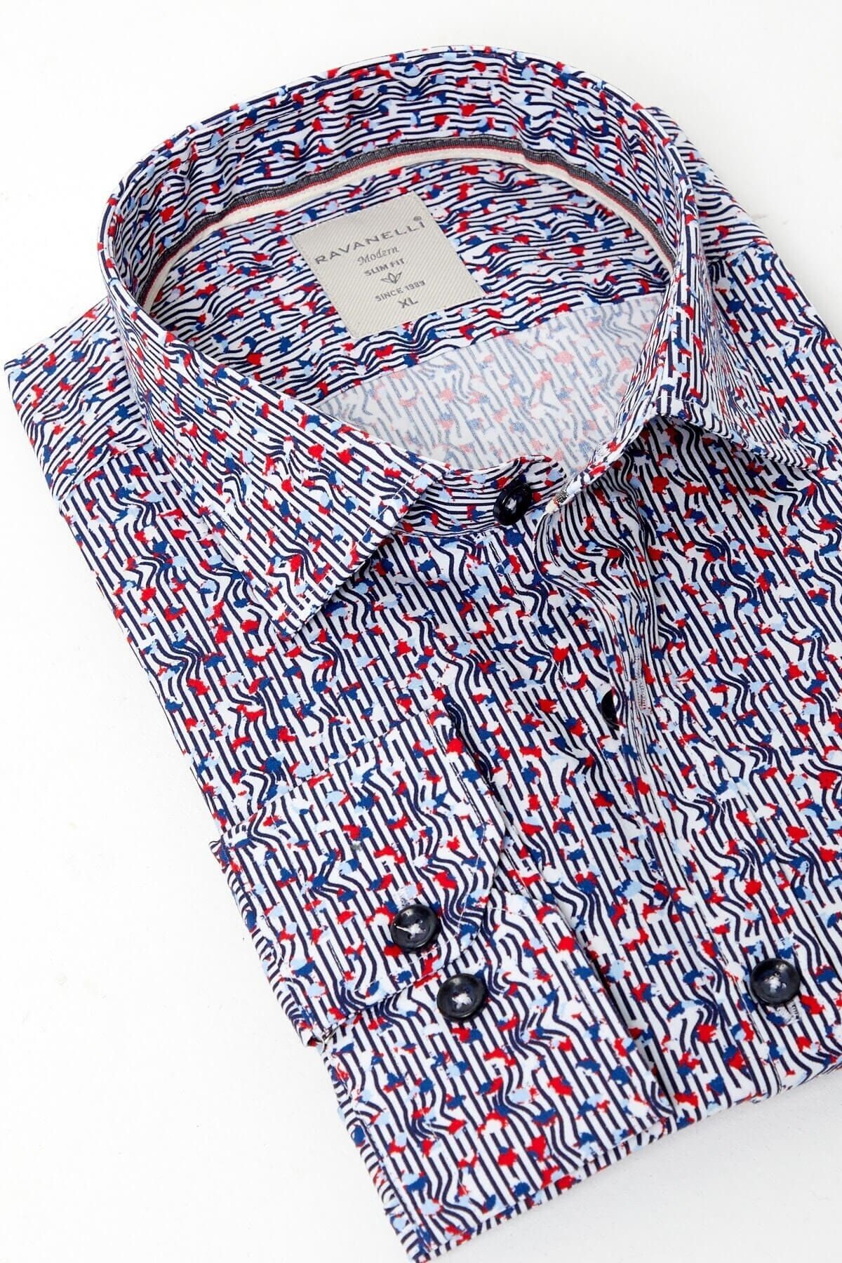 %100 Pamuk Çizgi Baskılı Slim Fit Uzun Kol Gömlek