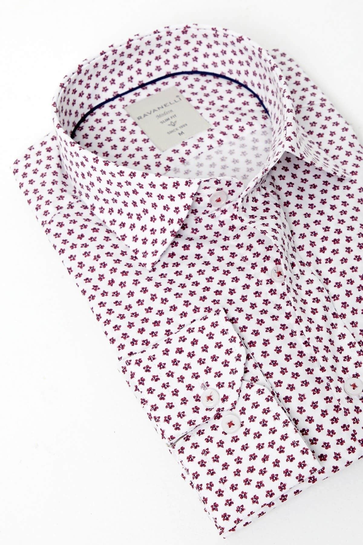 Bordo Çiçek Baskılı Beyaz Slim Fit Uzun Kol Gömlek