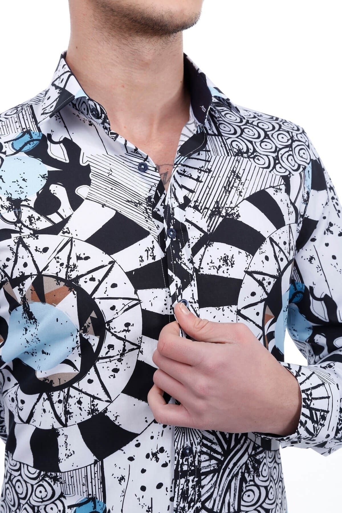 Siyah Beyaz Baskılı Slim Fit Gömlek