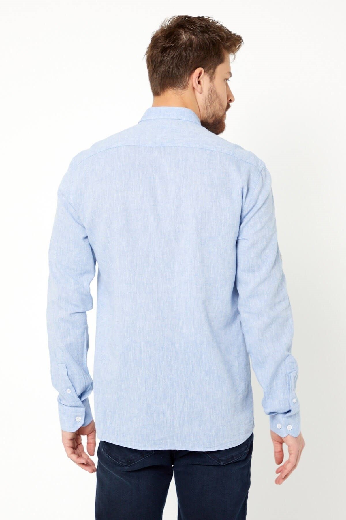 Mavi Slim Fit Uzun Kol Keten Gömlek