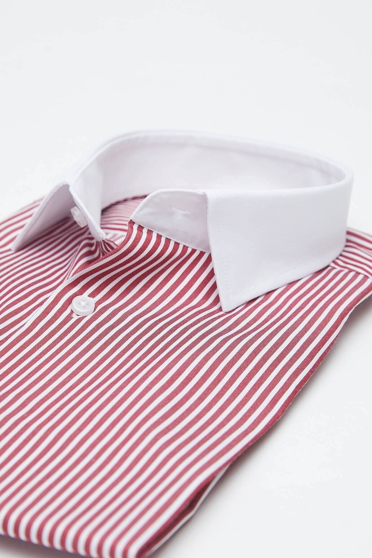 Beyaz Yakalı Bordo Beyaz Çizgili Slim Fit Uzun Kol Gömlek