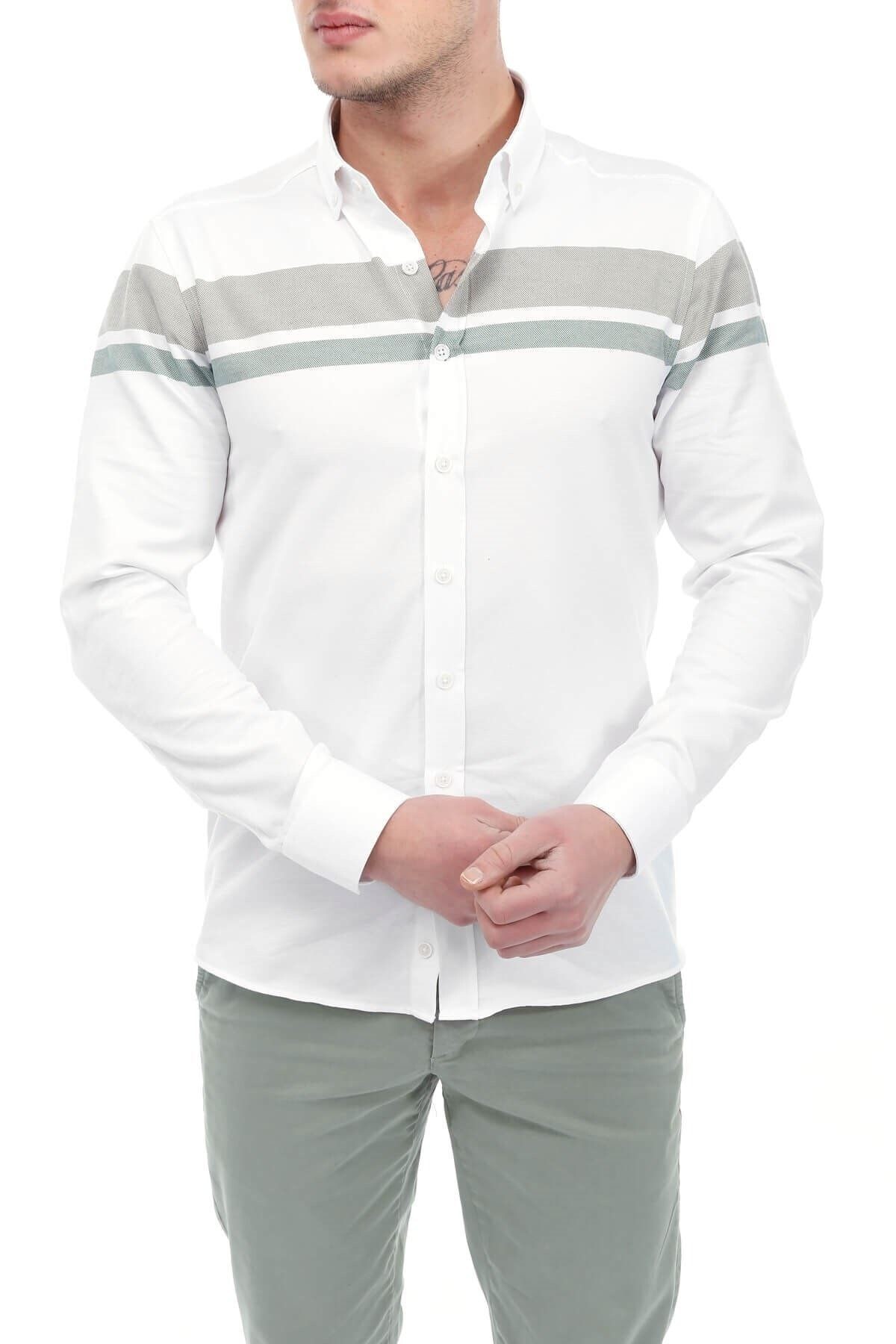 Haki Panolu Beyaz Slim Fit Gömlek
