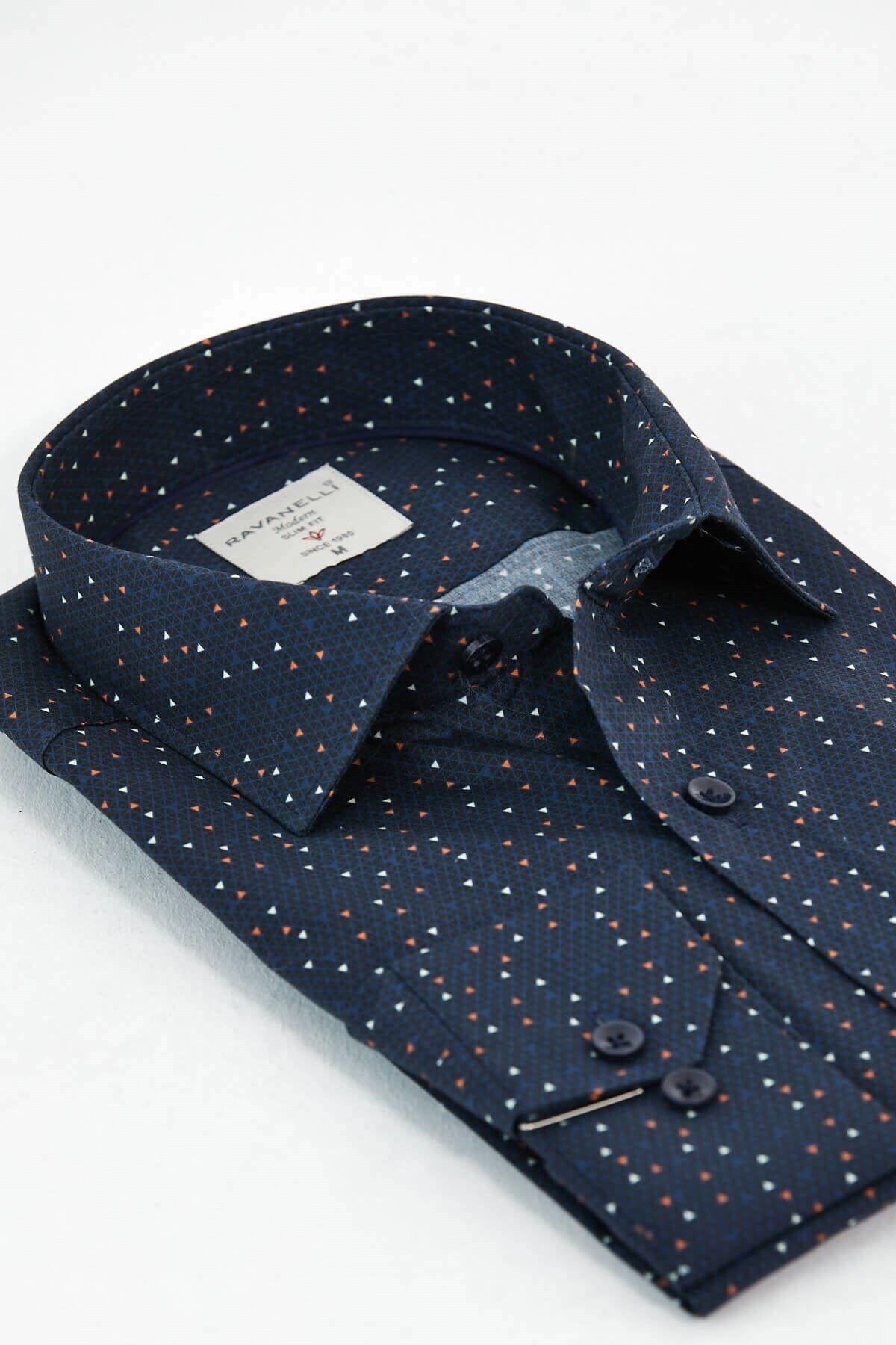 Lacivert Baskılı Slim Fit Uzun Kol Gömlek