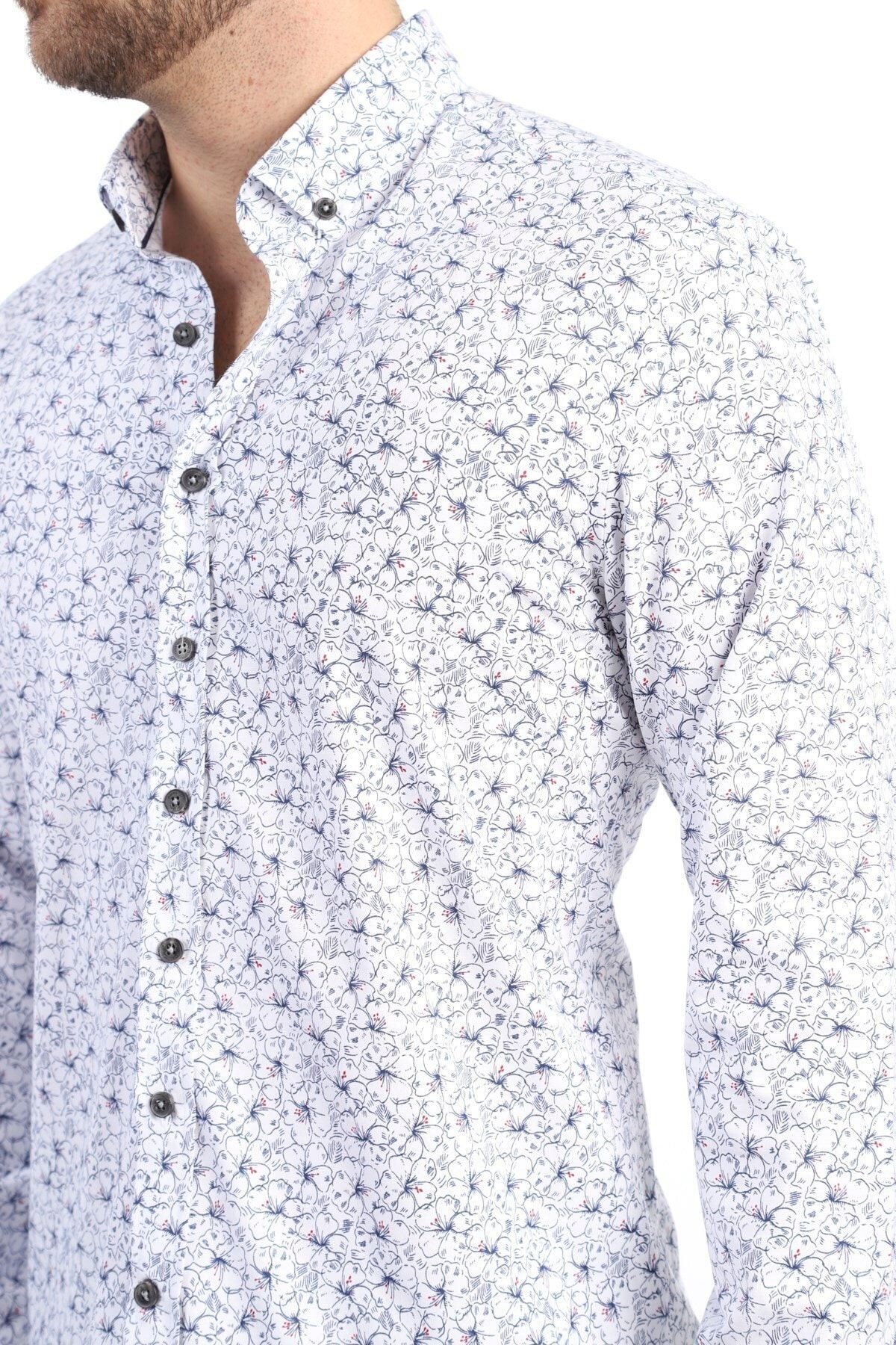 Baskılı Beyaz Slim Fit Likralı Gömlek