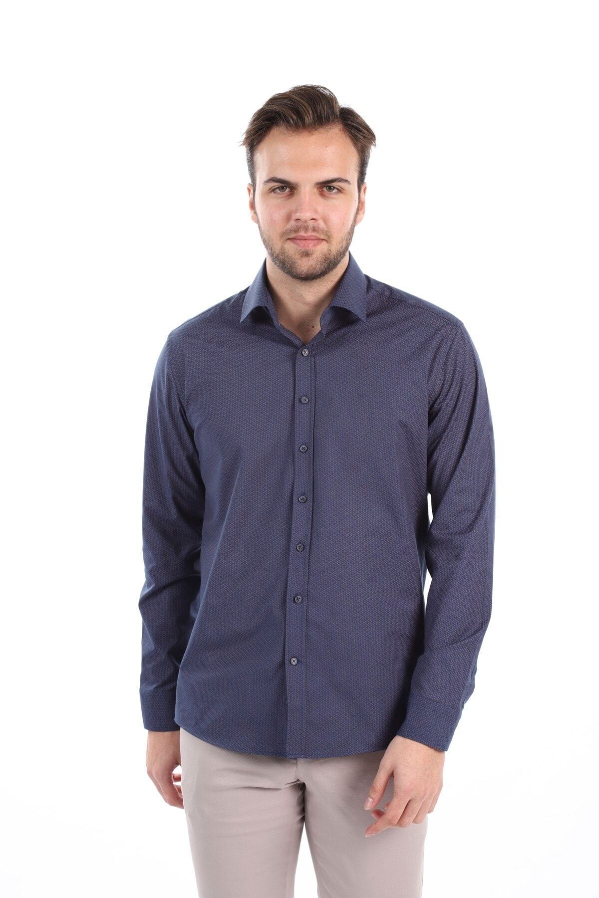 Baskılı Lacivert Slim Fit Likralı Gömlek