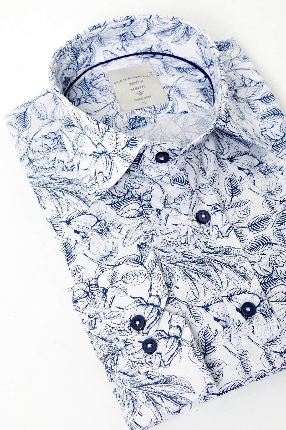 Lacivert Baskılı Beyaz Slim Fit Uzun Kol Gömlek