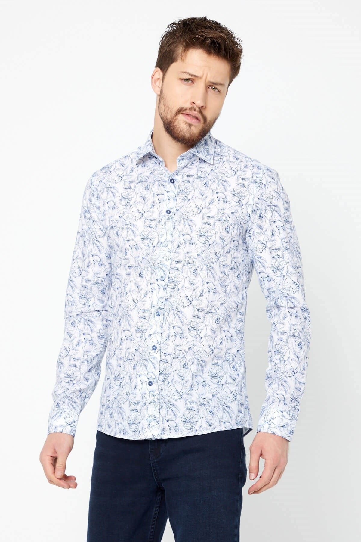 Lacivert Baskılı Beyaz Slim Fit Uzun Kol Gömlek