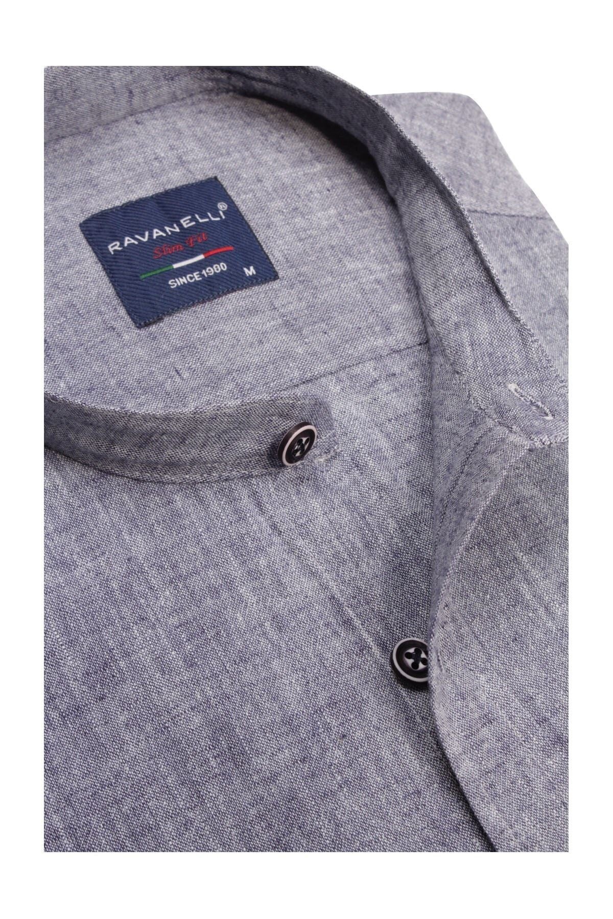 Erkek Gri Slim Fit Keten Apoletli Gömlek