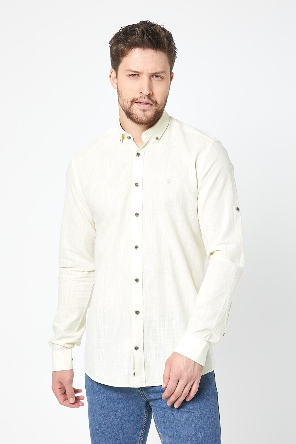 Keten Sarı Slim Fit Uzun Kol Gömlek