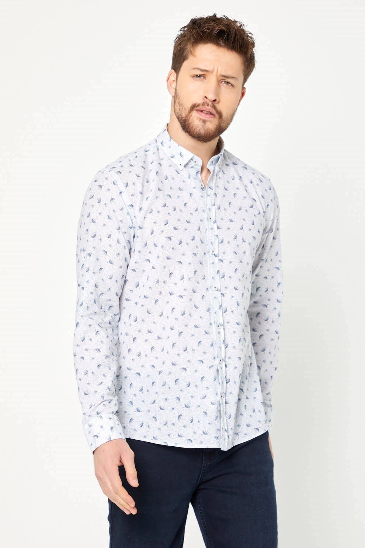 %100 Pamuk Keten Lacivert Baskılı Slim Fit Uzun Kol Keten Gömlek