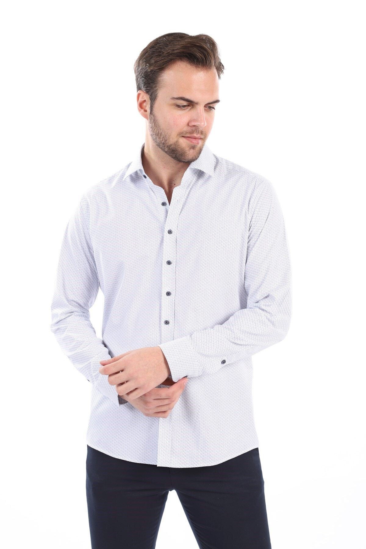 Baskılı Beyaz Slim Fit Likralı Gömlek